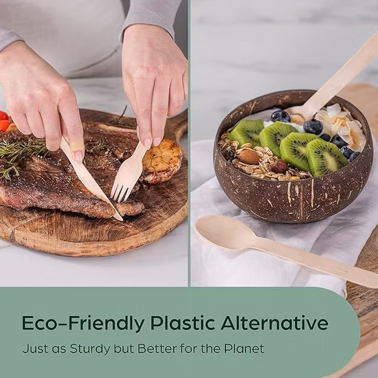 Conjunto de talheres de bétula a granel biodegradável natural, colher de madeira/garfo/faca